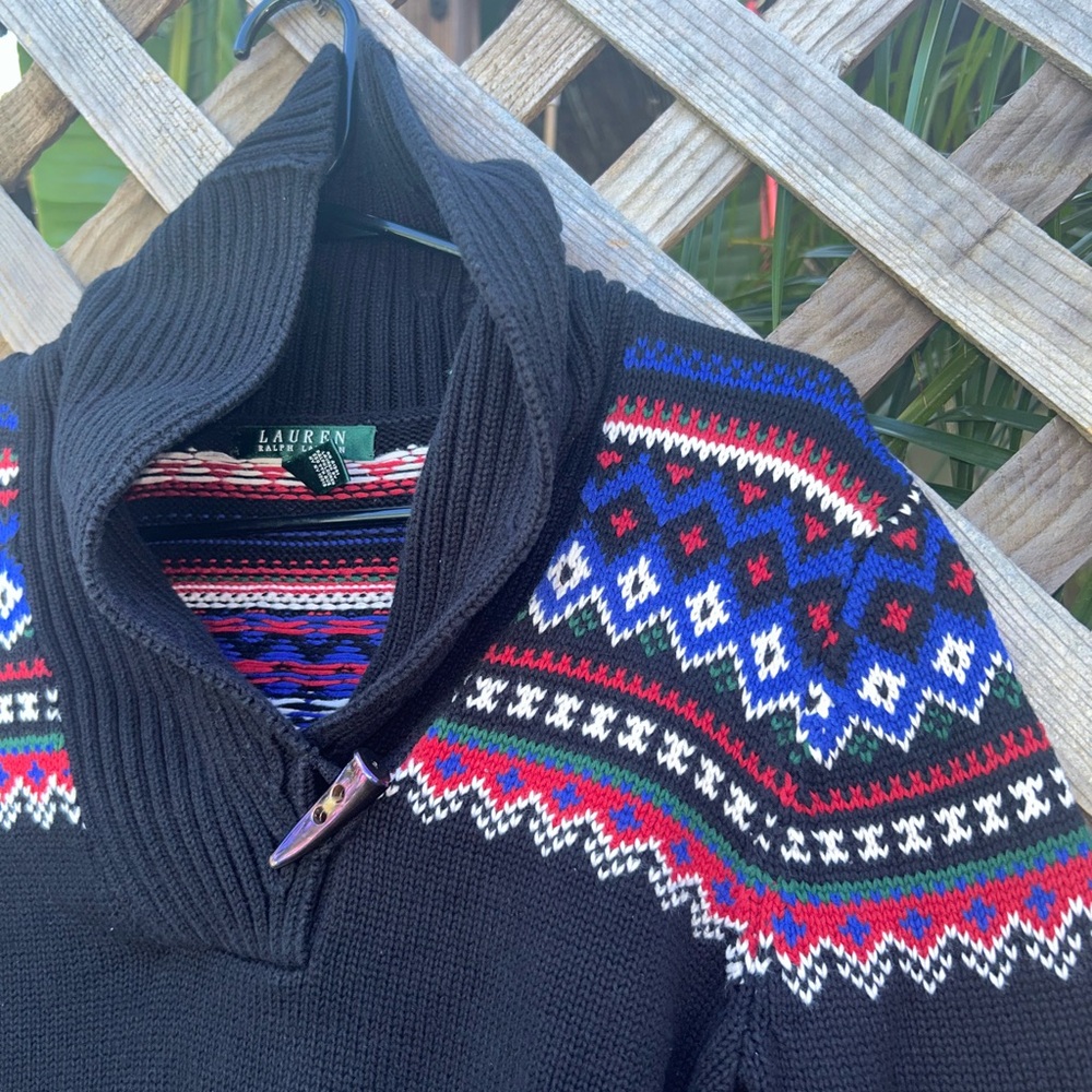 LAUREN RALPH LAUREN Fair Isle Nordic Black Multicolor Shawl Collar Sweater Sz M - Picture 4 of 11